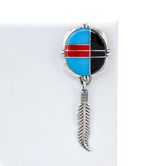 JJ Signed Sterling Silver 925 Single Earring | Southwest Turquoise Coral Onyx - Picture 2 of 8